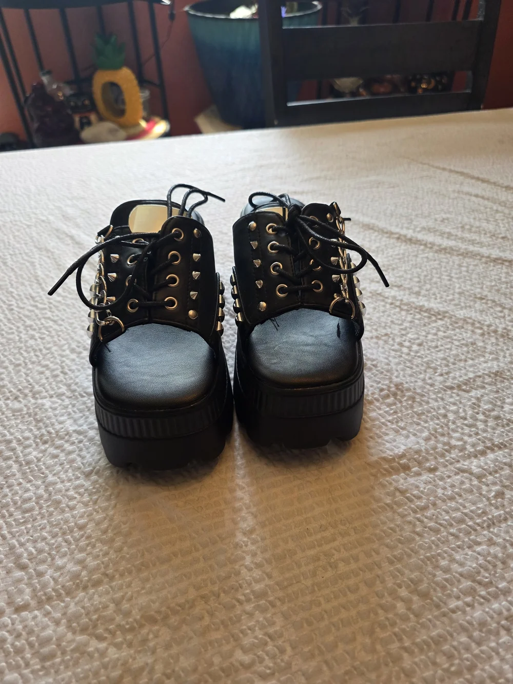Black Platform Studded Lace-Up Sandal with Chain Accent